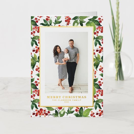 水色の果実と緑のフォトクリスマス 箔シーズンカード (正面)