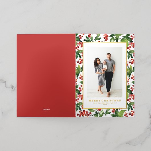 水色の果実と緑のフォトクリスマス 箔シーズンカード (外側レイダウン)