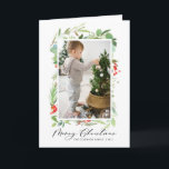 水色の果実と緑のメリークリスマス シーズンカード<br><div class="desc">このカスタマイズ可能なクリスマスフォトカードを使って希望と挨拶を送る。水彩葉、ホリー、果実を台本でエレガント飾る。縦方向の写真と文字を追加してパーソナライズ家族や友人のための完璧なクリスマスカード。一致するアイテムが使用可能。</div>