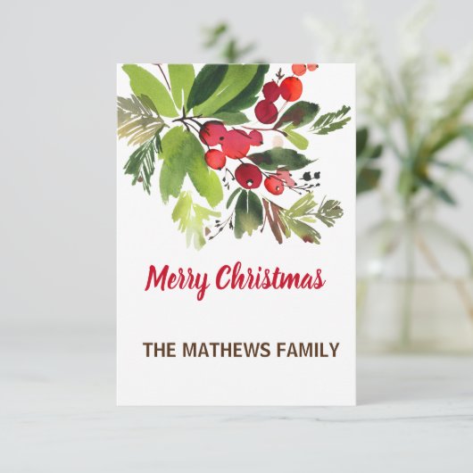 水色の果実と緑の葉のクリスマス カード (スタンド正面)