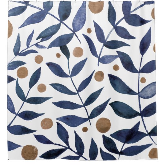 水色の枝と果実 – インジゴとベージュ シャワーカーテン (正面)