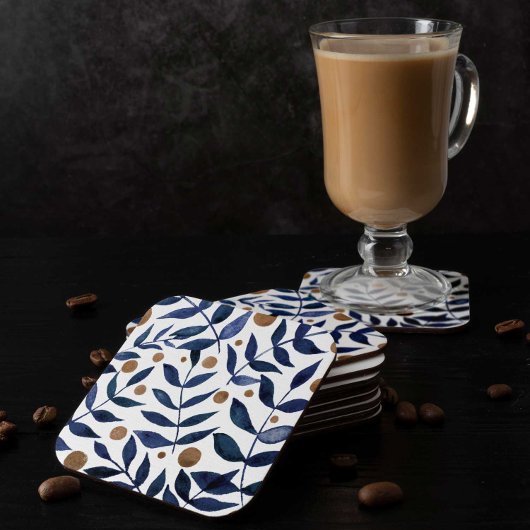 水色の枝と果実 – インジゴとベージュ スクエアペーパーコースター