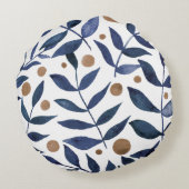水色の枝と果実 – インジゴとベージュ ラウンドクッション (裏面)