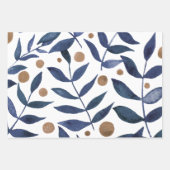 水色の枝と果実 – インジゴとベージュ ラッピングペーパーシート (正面3)