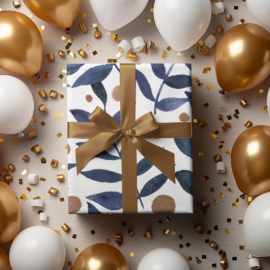 水色の枝と果実 – インジゴとベージュ ラッピングペーパーシート