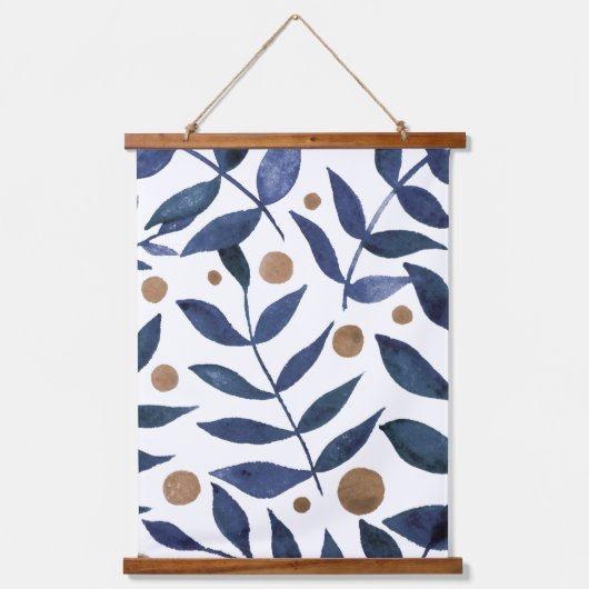 水色の枝と果実 – インジゴとベージュ 吊り下げ型タペストリー (正面)