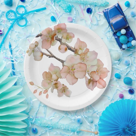 水色の柔らかいオレンジ色のピンクの木の花 ペーパープレート (パーティー)