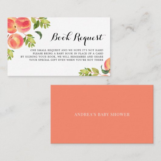 水色の桃ベビーシャワーブックリクエストカード プレイスカード (正面/裏面)