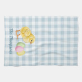 水色の水彩画風のひよこ+卵+名入れ キッチンタオル (横)