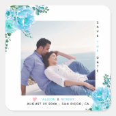 水色の水色の花、緑の葉写真 スクエアシール (正面)