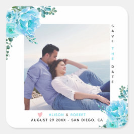 水色の水色の花、緑の葉写真 スクエアシール