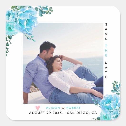 水色の水色の花、緑の葉写真 スクエアシール (正面)