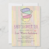 水色の洗数々の色カップ赤ちゃんシャワーティー 招待状 (正面)