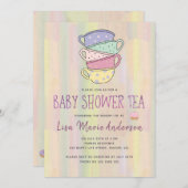 水色の洗数々の色カップ赤ちゃんシャワーティー 招待状 (正面/裏面)