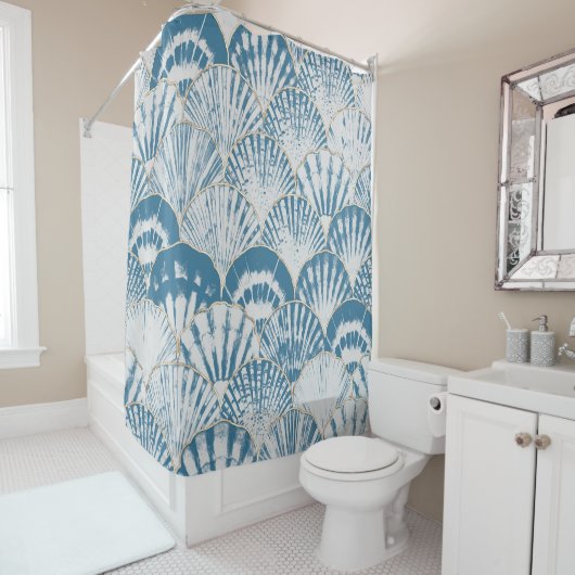 水色の海の貝日本波シームレスなパターン シャワーカーテン (インサイチュ)