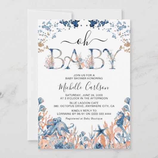 水色の海下'オベビー'赤ちゃんシャワー 招待状 (正面)