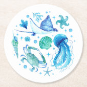 水色の海青クラゲの下に海のシェル ラウンドペーパーコースター (正面)