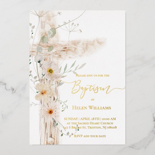 水色の牧草地の花はバプテスマを越える 箔招待状 (正面)