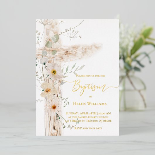 水色の牧草地の花はバプテスマを越える 箔招待状 (立ち正面)