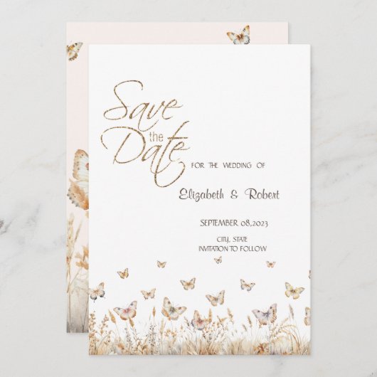 水色の牧草地の蝶の日付を保存 セーブザデート (正面/裏面)