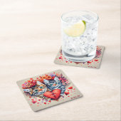 水色の猫とハート スクエアペーパーコースター (インサイチュ)