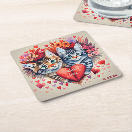 水色の猫とハート スクエアペーパーコースター