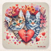 水色の猫とハート スクエアペーパーコースター (正面)