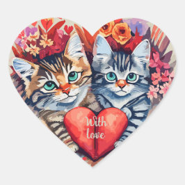 水色の猫とハート ハートシール