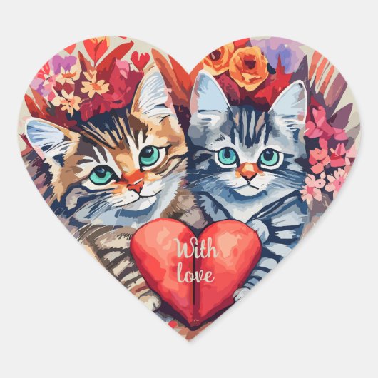 水色の猫とハート ハートシール (正面)