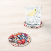 水色の猫とハート ラウンドペーパーコースター (インサイチュ)