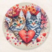 水色の猫とハート ラウンドペーパーコースター (正面)