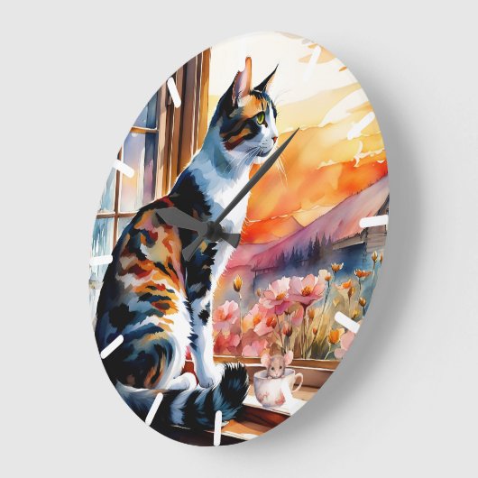 水色の猫とマウスのグリーティングカード ラージ壁時計 (傾斜)
