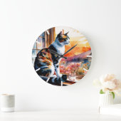 水色の猫とマウスのグリーティングカード ラージ壁時計 (ホーム)