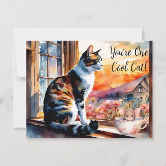 水色の猫とマウスのグリーティングカード 招待状 (正面)