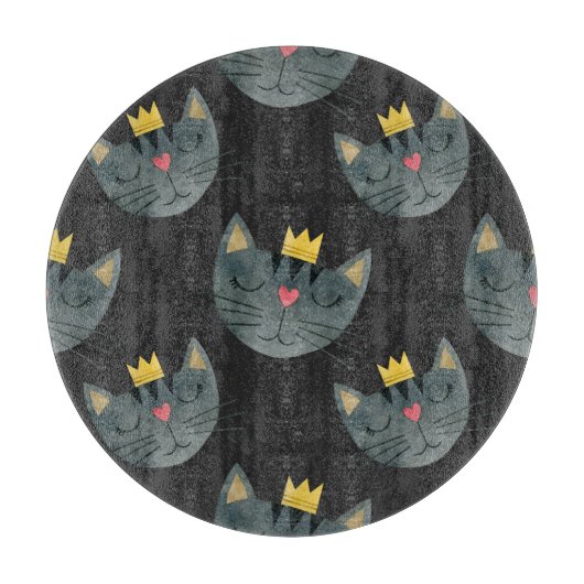 水色の猫の顔、黒シームレス。 カッティングボード (正面)