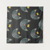 水色の猫の顔、黒シームレス。 タペストリー (正面(横))