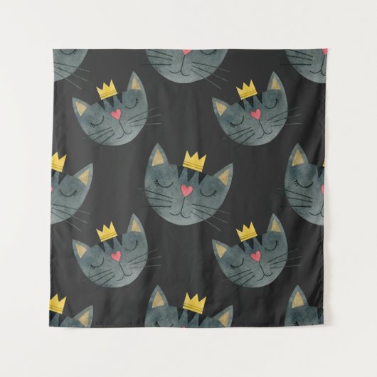 水色の猫の顔、黒シームレス。 タペストリー (正面)