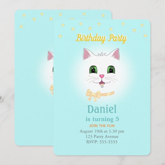 水色の男の子の誕生日パーティーの招待状 猫と星 招待状 (正面/裏面)