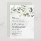 水色の白い緑の葉ユーカリ結婚ス 招待状 (正面/裏面)