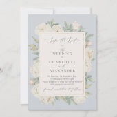 水色の白い花、ライトブルーの日付を保存 招待状 (正面)