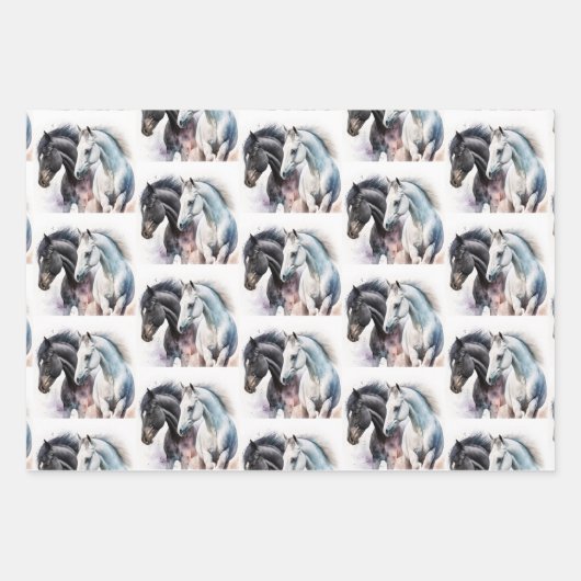 水色の白黒ウマのペア ラッピングペーパーシート (正面2)