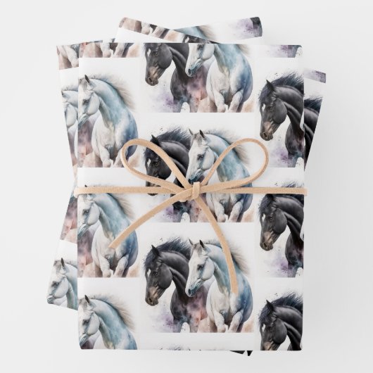 水色の白黒ウマのペア ラッピングペーパーシート (インサイチュ)