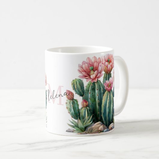 水色の砂漠の花のサボテン。 コーヒーマグカップ (正面右)