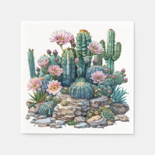 水色の砂漠の花のサボテン。 スタンダードカクテルナプキン (正面)