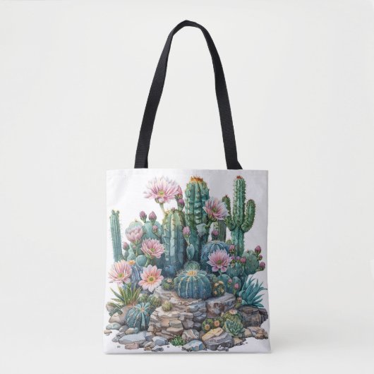 水色の砂漠の花のサボテン。 トートバッグ (正面)