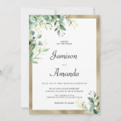 水色の素朴なユーカリの緑の金ゴールド結婚ズ 招待状 (正面)