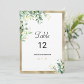 水色の素朴なユーカリ緑のテーブル番号 招待状 (スタンド正面)