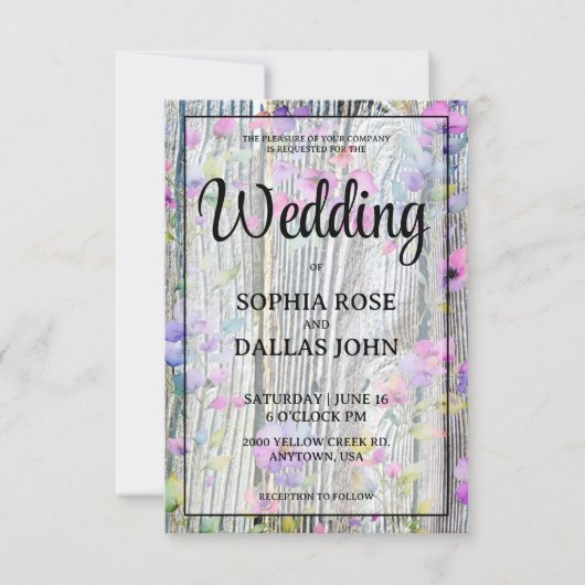 水色の紫色の野結婚花の素朴 招待状 (正面)