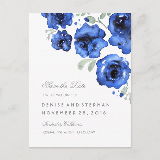 水色の絵を描バラロマンチック日付を保存 案内ポストカード (正面)