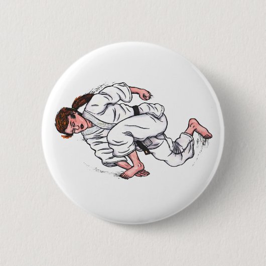 水色の絵画空手女性は飛び跳び蹴り 缶バッジ (正面)